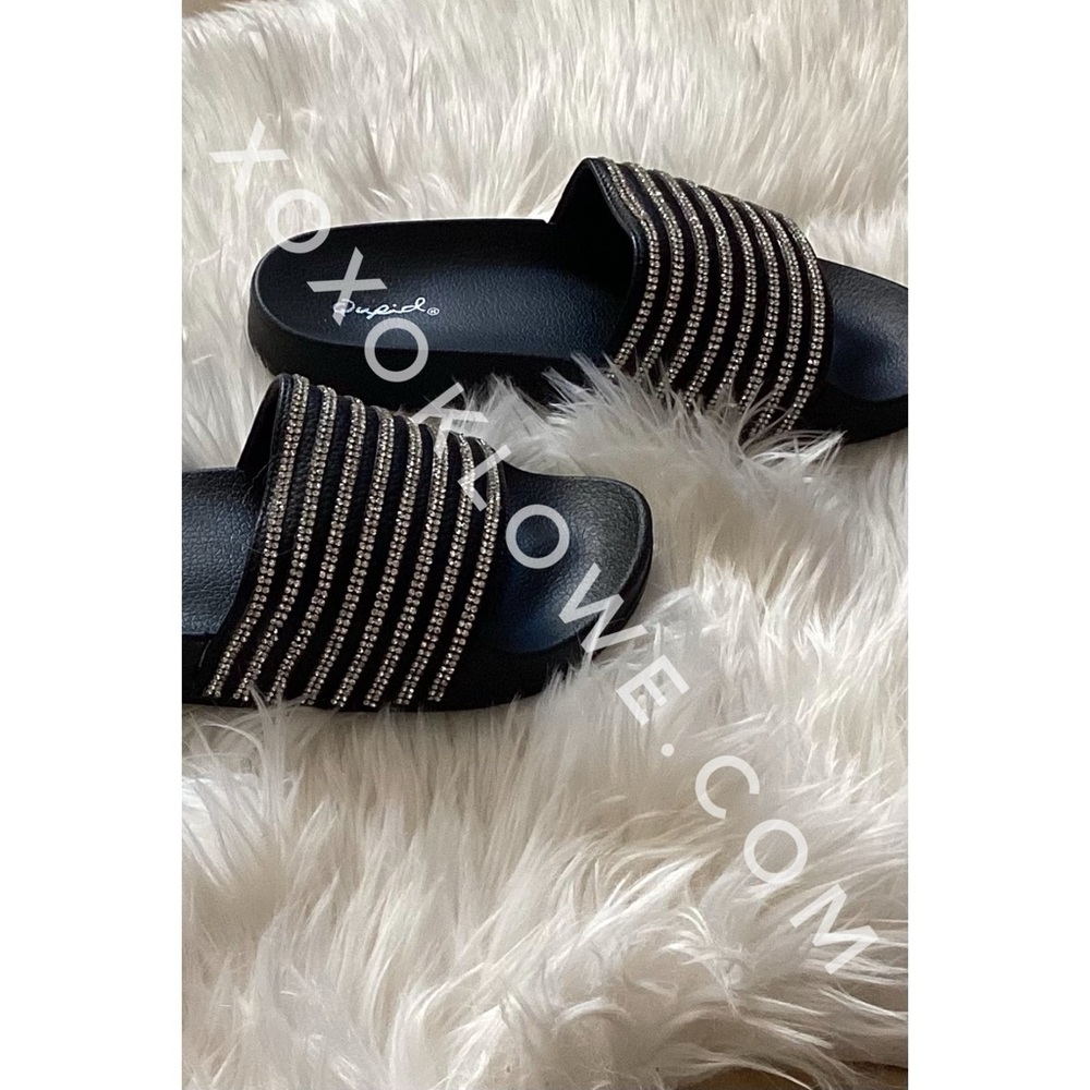 Qupid Black Rhinestone Slide Sandals | Sparkly Slip On Flat - Picture 7 of 9